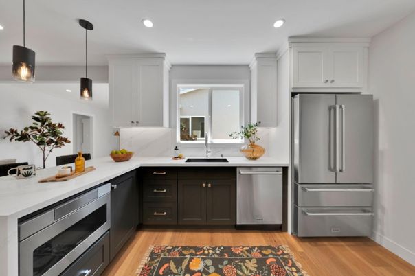 Interior, Kitchen, Pendant Lights, Recessed Lighting, Stainless Steel Appliances, Wood Texture Flooring