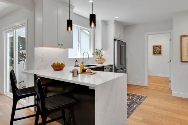 Interior, Kitchen, Marble Walls, Pendant Lights, Recessed Lighting, Wood Texture Flooring