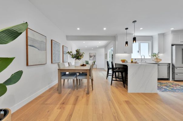Dining room, Interior, Kitchen, Pendant Lights, Recessed Lighting, Stainless Steel Appliances, Wood Texture Flooring