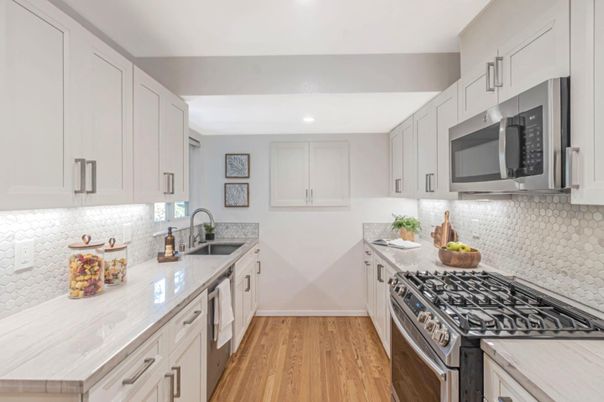 Interior, Kitchen, Recessed Lighting, Stainless Steel Appliances, Wood Texture Flooring