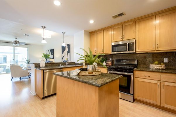 Dining room, Interior, Kitchen, Living room, Pendant Lights, Recessed Lighting, Stainless Steel Appliances, Wood Texture Flooring