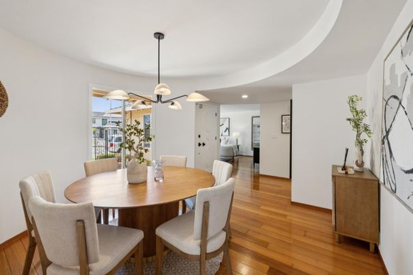 Dining room, Interior, Pendant Lights, Recessed Lighting, Wood Texture Flooring
