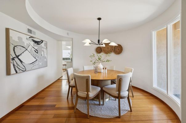 Dining room, Interior, Pendant Lights, Wood Texture Flooring