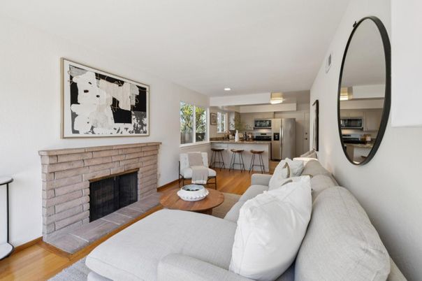 Fireplace, Interior, Kitchen, Living room, Recessed Lighting, Stainless Steel Appliances, Wood Texture Flooring