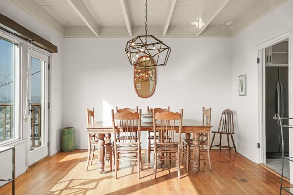 Dining room, Interior, Pendant Lights, Wood Texture Flooring