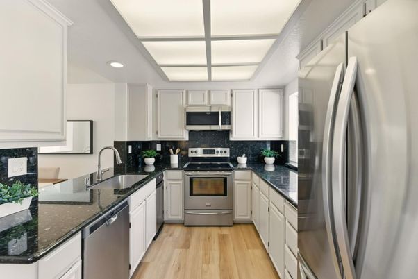 Interior, Kitchen, Recessed Lighting, Stainless Steel Appliances, Wood Texture Flooring