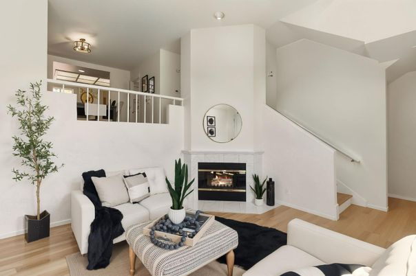 Fireplace, Interior, Living room, Recessed Lighting, Wood Texture Flooring