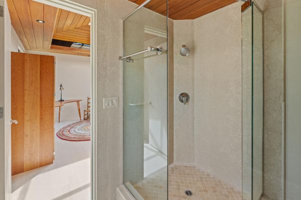 Bathroom, Glass Shower, Interior, Recessed Lighting, Wooden Ceilings