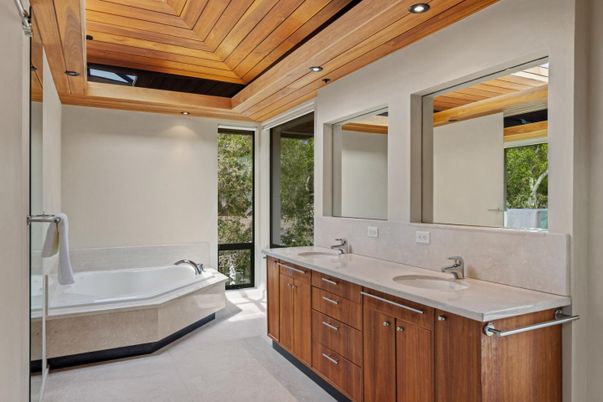 Bathroom, Dual Sink Vanities, Interior, Recessed Lighting, Wooden Ceilings
