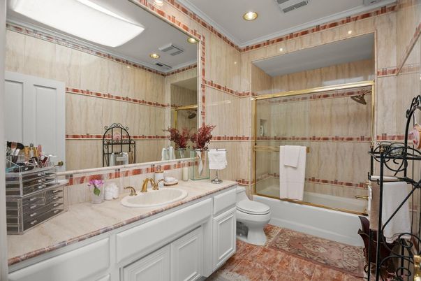 Bathroom, Glass Shower, Interior, Recessed Lighting, Tile Countertops