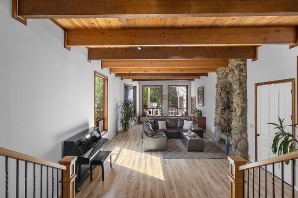 Fireplace, Interior, Living room, Piano, Stone Walls, Wooden Beams, Wooden Ceilings, Wood Texture Flooring