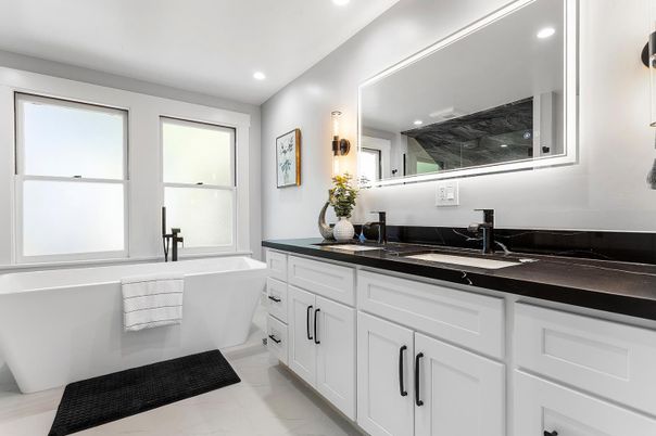 Bathroom, Dual Sink Vanities, Free Standing Baths, Interior, Marble, Recessed Lighting