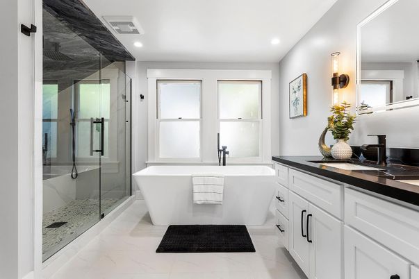 Bathroom, Free Standing Baths, Glass Shower, Interior, Marble, Marble Walls, Recessed Lighting