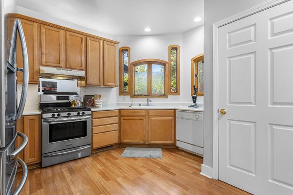 Interior, Kitchen, Recessed Lighting, Stainless Steel Appliances, Wood Texture Flooring