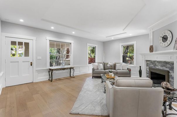 Fireplace, Interior, Living room, Recessed Lighting, Wood Texture Flooring