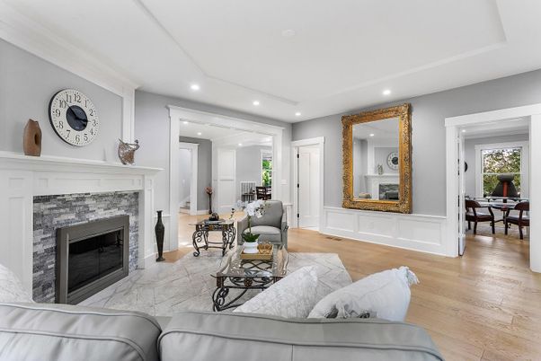 Dining room, Fireplace, Interior, Living room, Recessed Lighting, Wood Texture Flooring