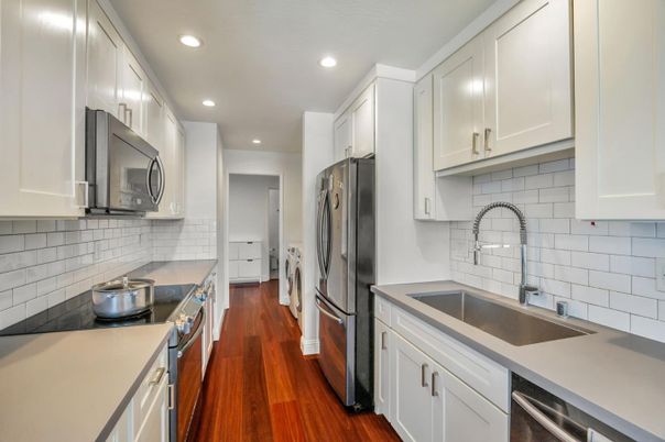 Interior, Kitchen, Recessed Lighting, Stainless Steel Appliances, Wood Texture Flooring