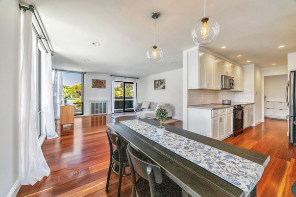 Fireplace, Interior, Kitchen, Living room, Pendant Lights, Recessed Lighting, Wood Texture Flooring
