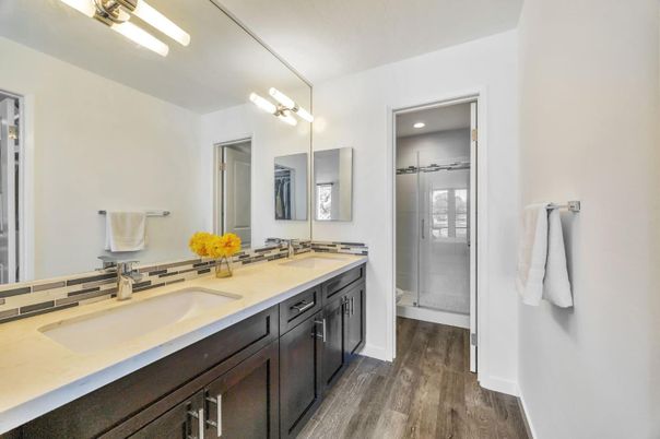 Bathroom, Dual Sink Vanities, Glass Shower, Interior, Wood Texture Flooring