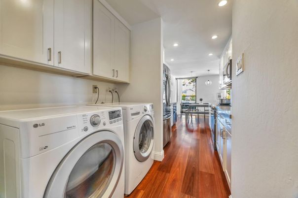 Dining room, Interior, Pendant Lights, Recessed Lighting, Washer, Wood Texture Flooring