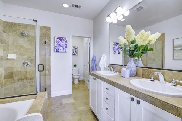 Bathroom, Dual Sink Vanities, Glass Shower, Interior, Recessed Lighting