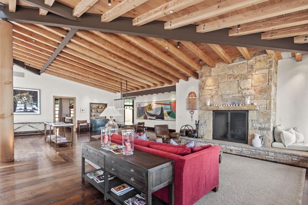 Dining room, Fireplace, Interior, Living room, Pendant Lights, Stone Walls, Wooden Beams, Wooden Ceilings, Wood Texture Flooring