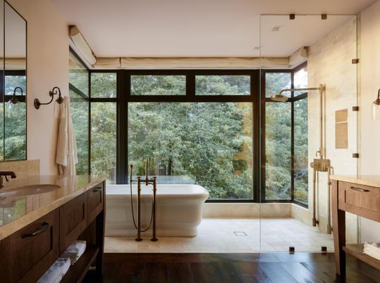 Bathroom, Free Standing Baths, Glass Shower, Interior, Pendant Lights, Wood Texture Flooring