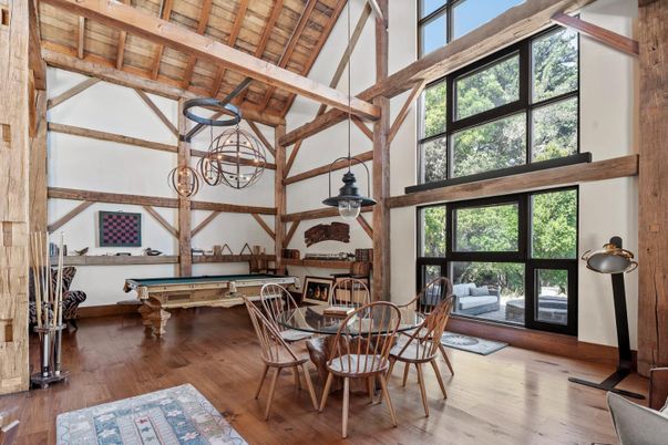 Billiard Table, Chandelier, Dining room, Game Room, Interior, Pendant Lights, Wooden Beams, Wooden Ceilings, Wood Texture Flooring