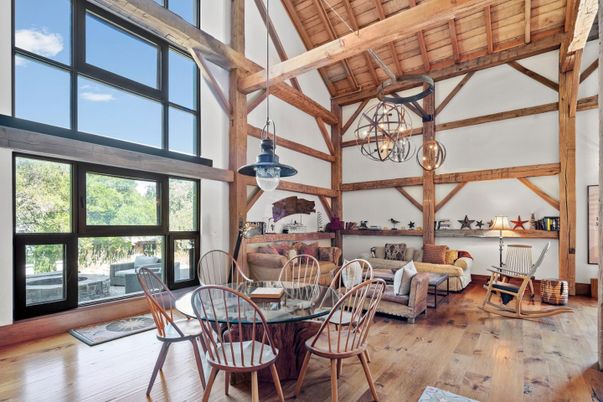 Dining room, Interior, Living room, Pendant Lights, Wooden Beams, Wooden Ceilings, Wood Texture Flooring