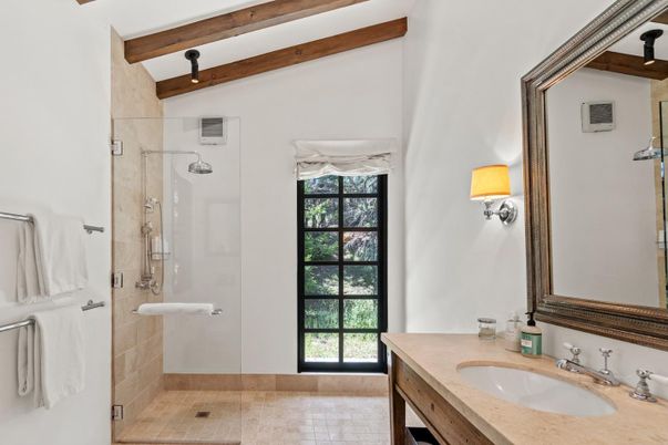 Bathroom, Glass Shower, Interior, Wooden Beams