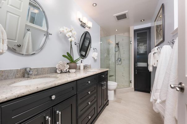 Bathroom, Dual Sink Vanities, Glass Shower, Interior, Recessed Lighting