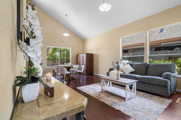 Dining room, Interior, Living room, Pendant Lights, Wood Texture Flooring