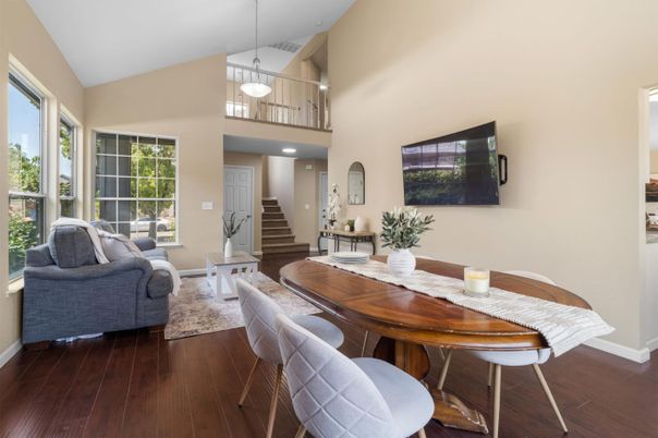 Dining room, Interior, Pendant Lights, Recessed Lighting, Wood Texture Flooring