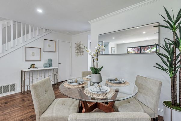 Dining room, Interior, Recessed Lighting, Wood Texture Flooring