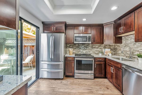 Interior, Kitchen, Recessed Lighting, Stainless Steel Appliances, Wood Texture Flooring