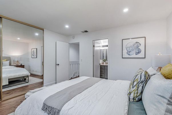 Bedroom, Interior, Recessed Lighting, Wood Texture Flooring
