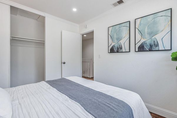 Bedroom, Interior, Recessed Lighting, Wood Texture Flooring
