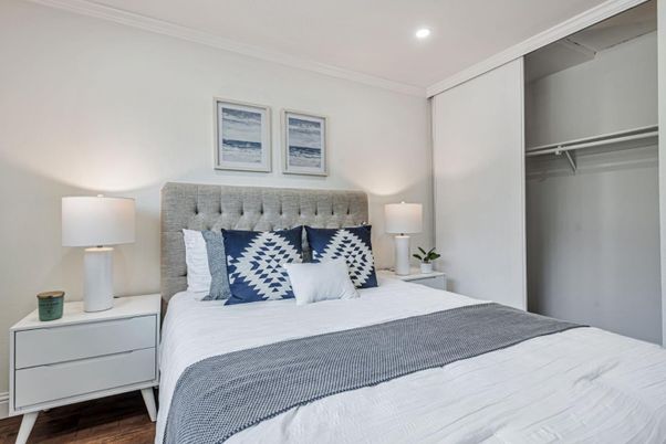 Bedroom, Interior, Recessed Lighting, Wood Texture Flooring