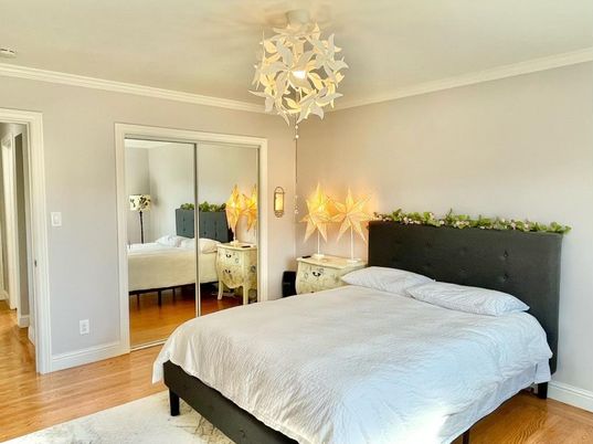 Bedroom, Chandelier, Interior, Wood Texture Flooring