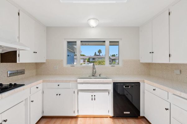 Interior, Kitchen, Tile Countertops, Wood Texture Flooring