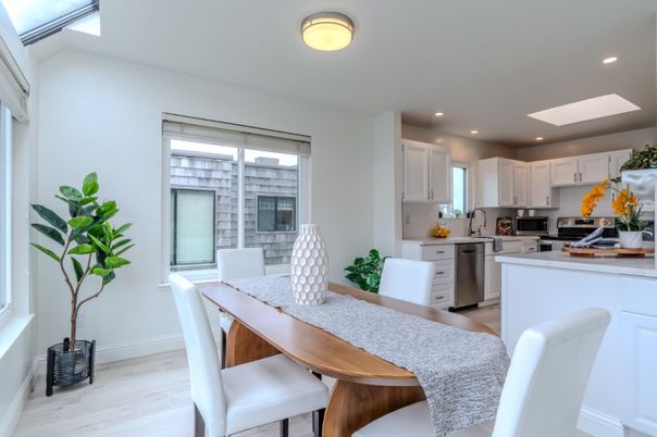Dining room, Interior, Kitchen, Recessed Lighting, Stainless Steel Appliances, Wood Texture Flooring
