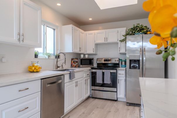 Interior, Kitchen, Recessed Lighting, Stainless Steel Appliances, Wood Texture Flooring