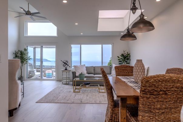 Dining room, Interior, Living room, Pendant Lights, Recessed Lighting, Water, Wood Texture Flooring