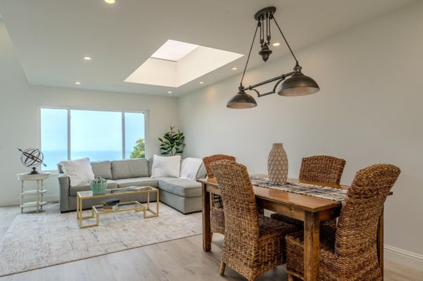 Dining room, Interior, Living room, Pendant Lights, Recessed Lighting, Water, Wood Texture Flooring