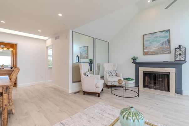 Fireplace, Interior, Living room, Recessed Lighting, Wood Texture Flooring