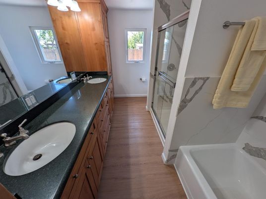 Bathroom, Dual Sink Vanities, Interior, Wood Texture Flooring