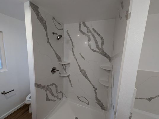 Bathroom, Interior, Marble Walls, Wood Texture Flooring