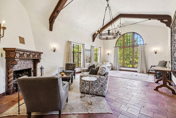 Chandelier, Fireplace, Interior, Living room, Wooden Beams