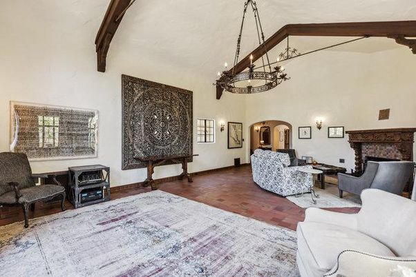 Chandelier, Fireplace, Interior, Living room, Wooden Beams, Wood Texture Flooring