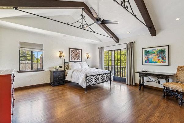 Bedroom, Chandelier, Interior, Recessed Lighting, Wooden Beams, Wood Texture Flooring